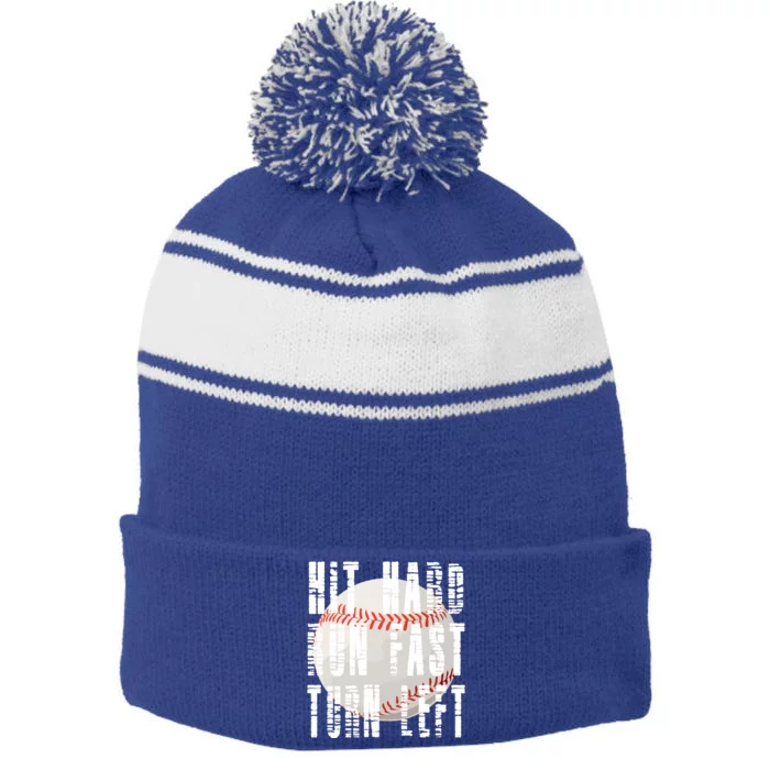 Vintage Hit Hard Run Fast Turn Left Baseball Funny Sport Gift Stripe Pom Pom Beanie