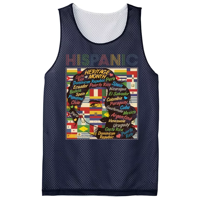 Vintage Hispanic Heritage Month Latina Woman Country Flags Mesh Reversible Basketball Jersey Tank