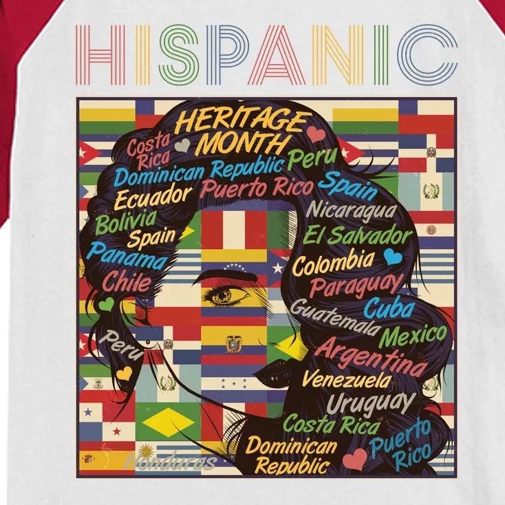 Vintage Hispanic Heritage Month Latina Woman Country Flags Kids Colorblock Raglan Jersey