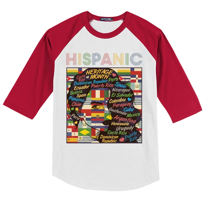 Vintage Hispanic Heritage Month Latina Woman Country Flags Kids Colorblock Raglan Jersey