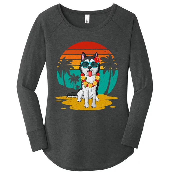 Vintage Husky Hawaiian Summer Vacation Tropical Dog Lover Women's Perfect Tri Tunic Long Sleeve Shirt