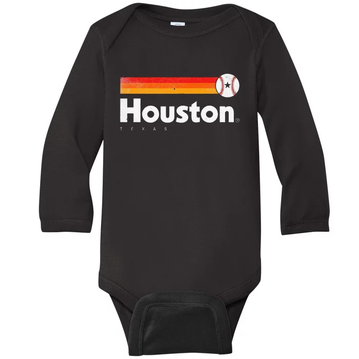 Vintage Houston Love Baseball Strong Vintage Stripes Baby Long Sleeve Bodysuit