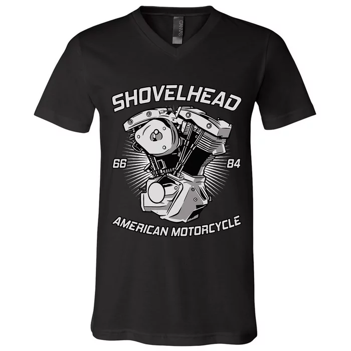 Vintage Hd Motorcycle Vtwin Shovelhead Engine Drawing Biker V-Neck T-Shirt