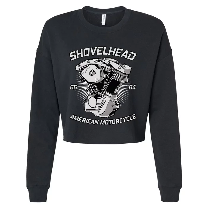 Vintage Hd Motorcycle Vtwin Shovelhead Engine Drawing Biker Cropped Pullover Crew