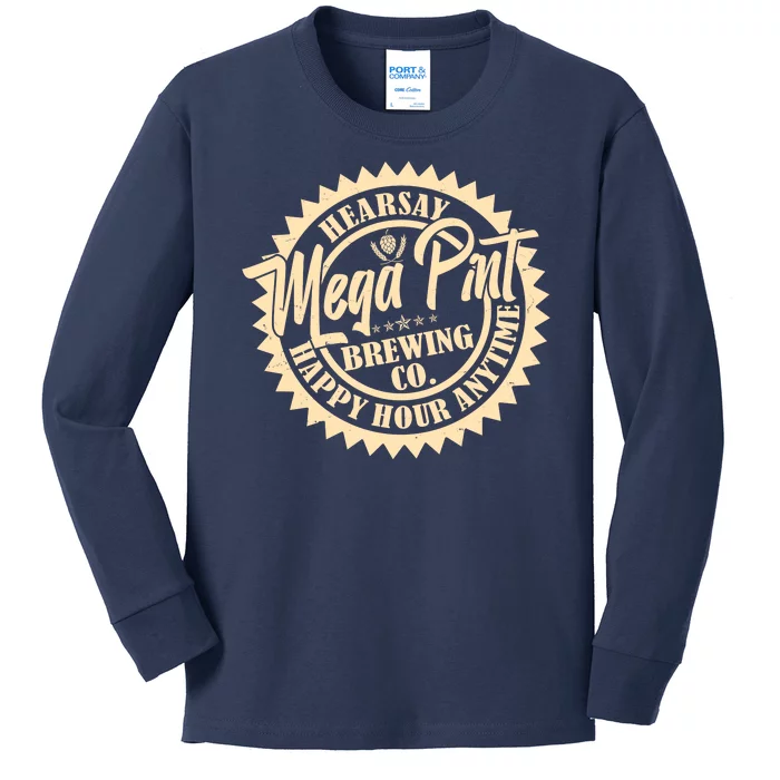 Vintage Hearsay Mega Pint Brewing Co Happy Hour Anytime Emblem Kids Long Sleeve Shirt