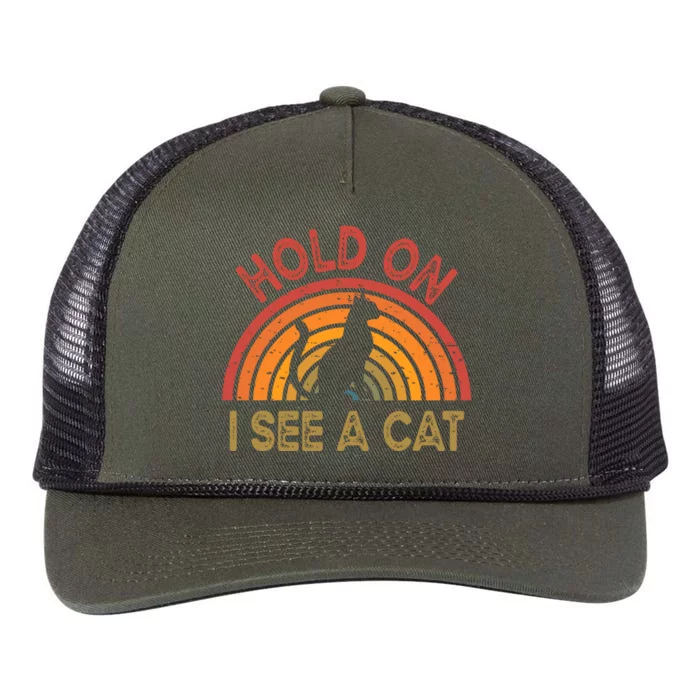 Vintage Hold On I See Cat Design Funny Saying Retro Rope Trucker Hat Cap