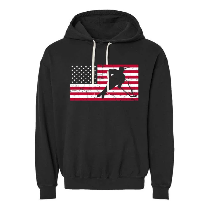 Vintage Hockey Player American Flag Garment-Dyed Fleece Hoodie