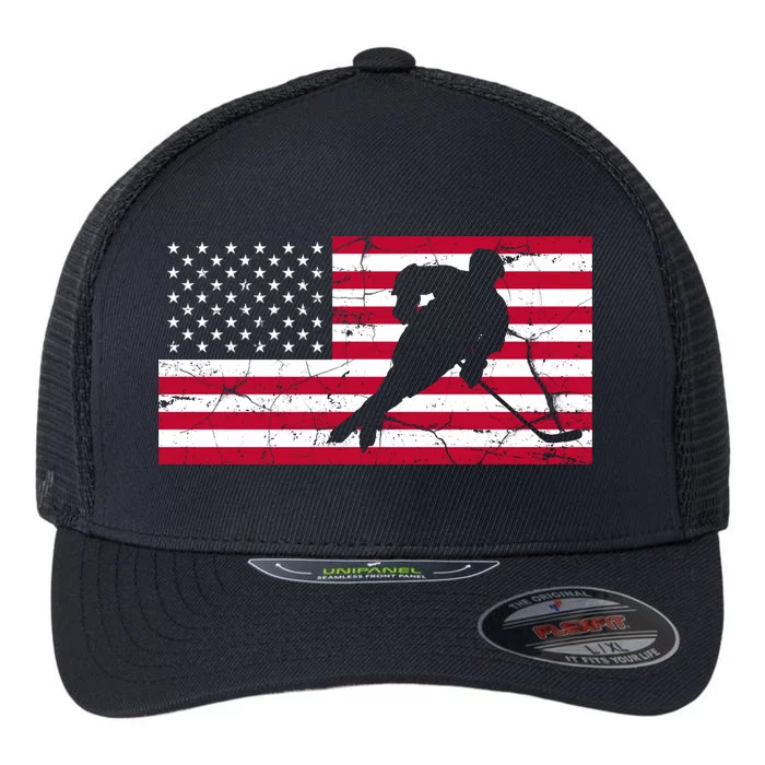 Vintage Hockey Player American Flag Flexfit Unipanel Trucker Cap