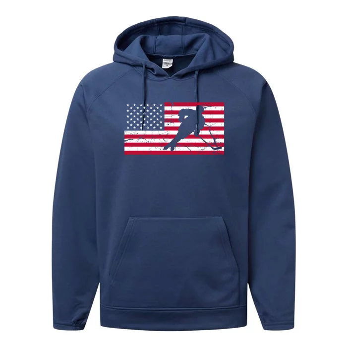 Vintage Hockey Player American Flag Performance Fleece Hoodie