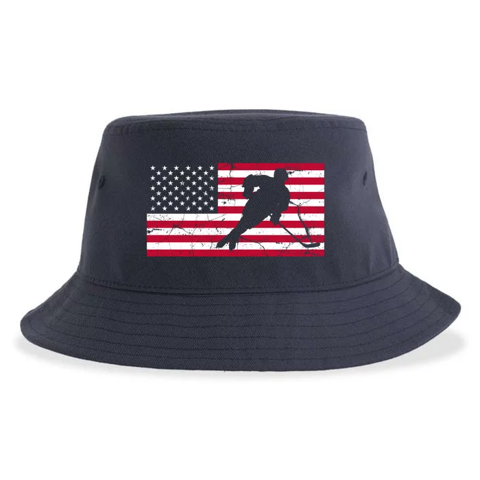 Vintage Hockey Player American Flag Sustainable Bucket Hat