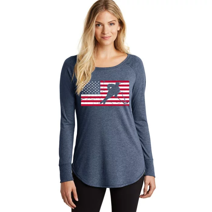 Vintage Hockey Player American Flag Women's Perfect Tri Tunic Long Sleeve Shirt