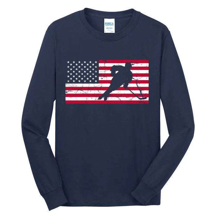 Vintage Hockey Player American Flag Tall Long Sleeve T-Shirt