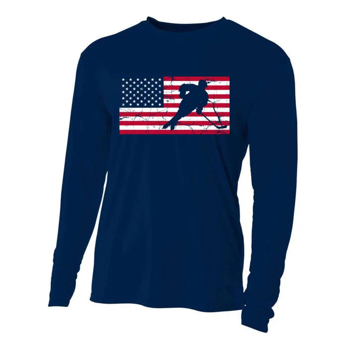 Vintage Hockey Player American Flag Cooling Performance Long Sleeve Crew