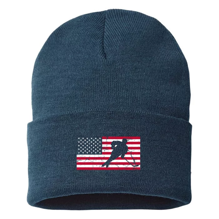 Vintage Hockey Player American Flag Sustainable Knit Beanie