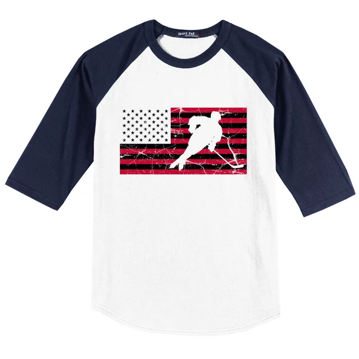 Vintage Hockey Player American Flag Baseball Sleeve Shirt