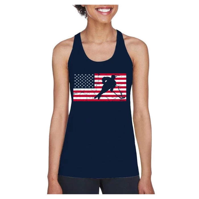 Vintage Hockey Player American Flag Women's Racerback Tank