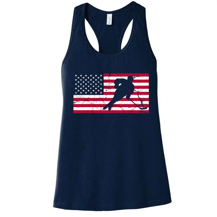 Vintage Hockey Player American Flag Women's Racerback Tank