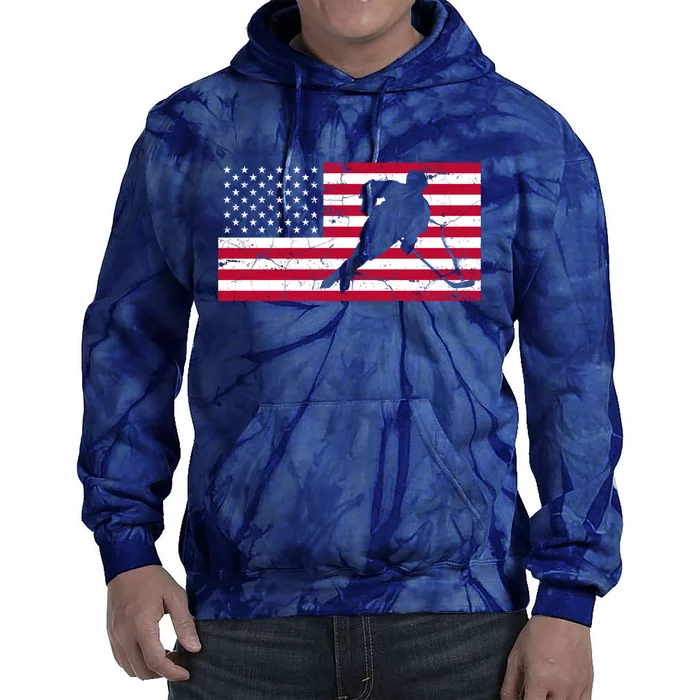 Vintage Hockey Player American Flag Tie Dye Hoodie