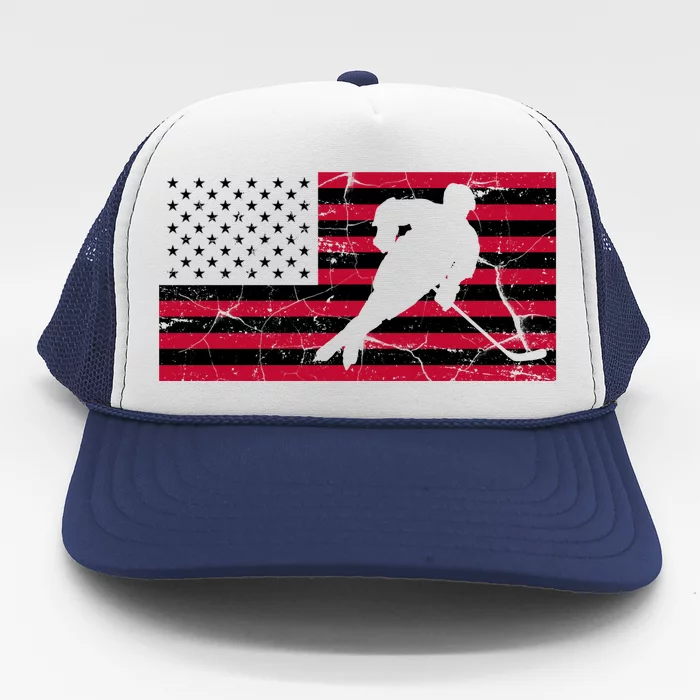 Vintage Hockey Player American Flag Trucker Hat