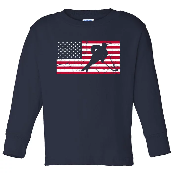 Vintage Hockey Player American Flag Toddler Long Sleeve Shirt