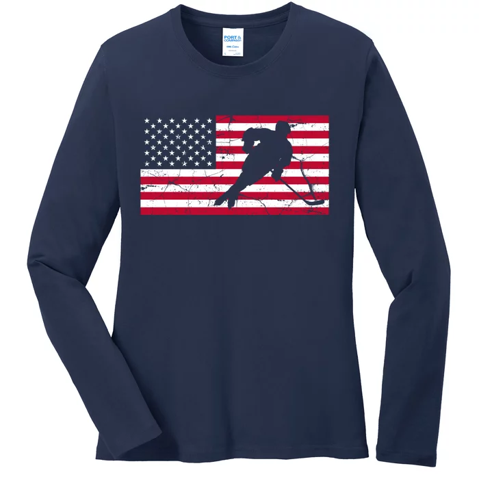 Vintage Hockey Player American Flag Ladies Long Sleeve Shirt