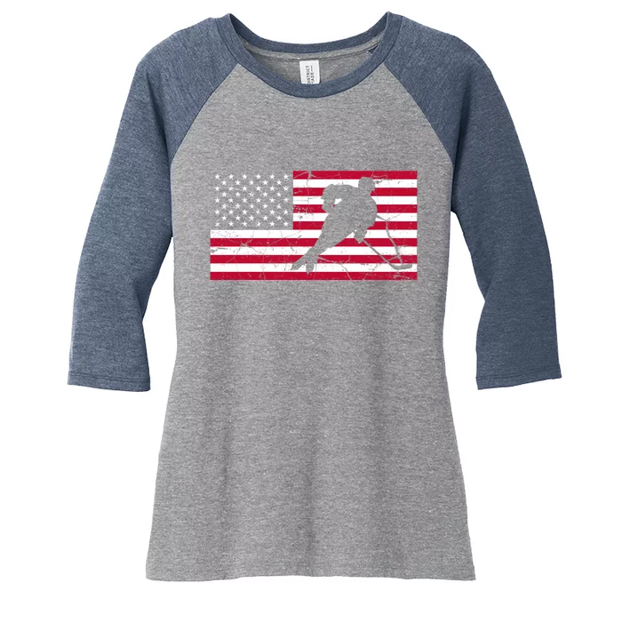 Vintage Hockey Player American Flag Women's Tri-Blend 3/4-Sleeve Raglan Shirt