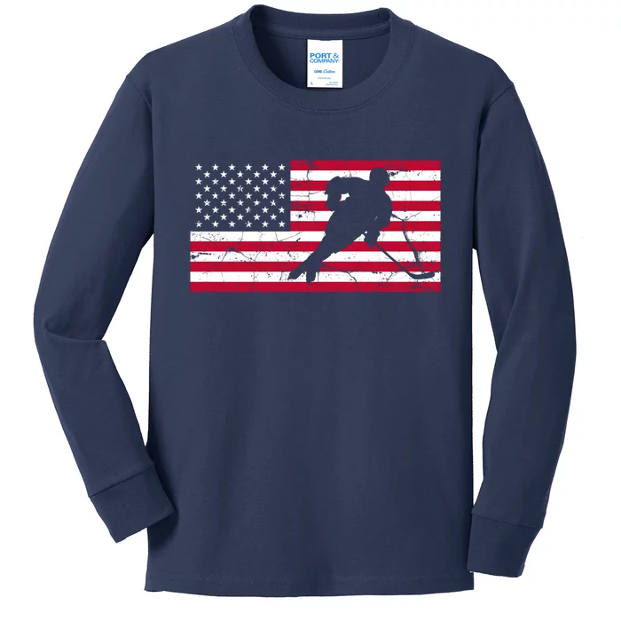 Vintage Hockey Player American Flag Kids Long Sleeve Shirt