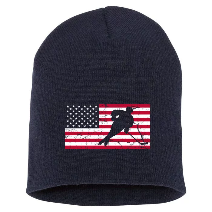 Vintage Hockey Player American Flag Short Acrylic Beanie