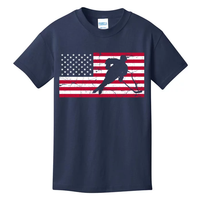 Vintage Hockey Player American Flag Kids T-Shirt