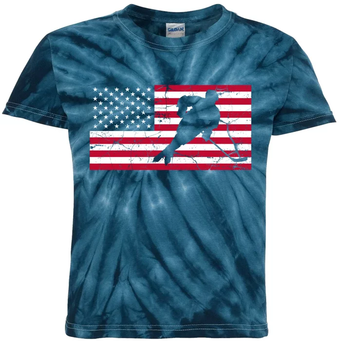 Vintage Hockey Player American Flag Kids Tie-Dye T-Shirt