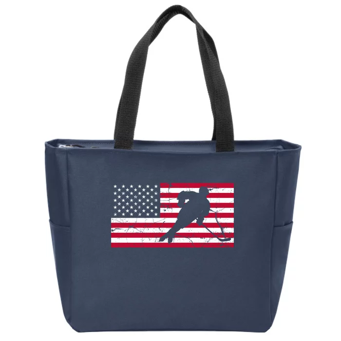 Vintage Hockey Player American Flag Zip Tote Bag