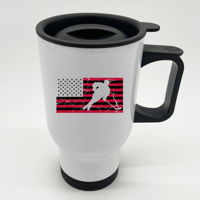 Vintage Hockey Player American Flag Front & Back Stainless Steel Travel Mug