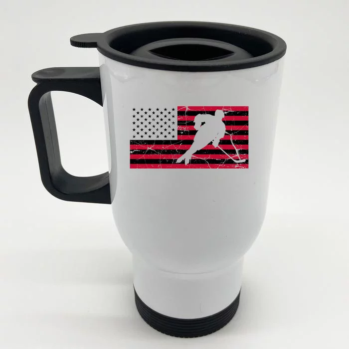 Vintage Hockey Player American Flag Front & Back Stainless Steel Travel Mug