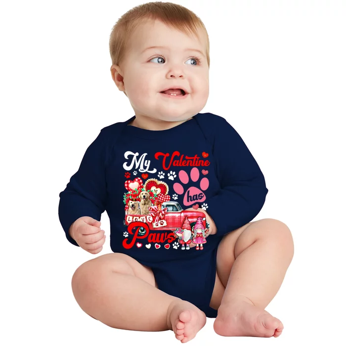 Valentine Has Paws Couple Golden Retrievers On Pickup Gnomes Gift Baby Long Sleeve Bodysuit