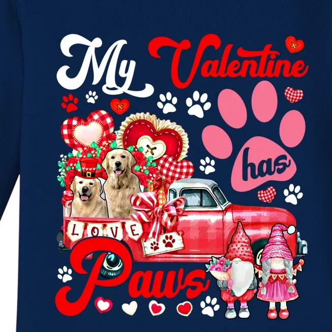 Valentine Has Paws Couple Golden Retrievers On Pickup Gnomes Gift Baby Long Sleeve Bodysuit