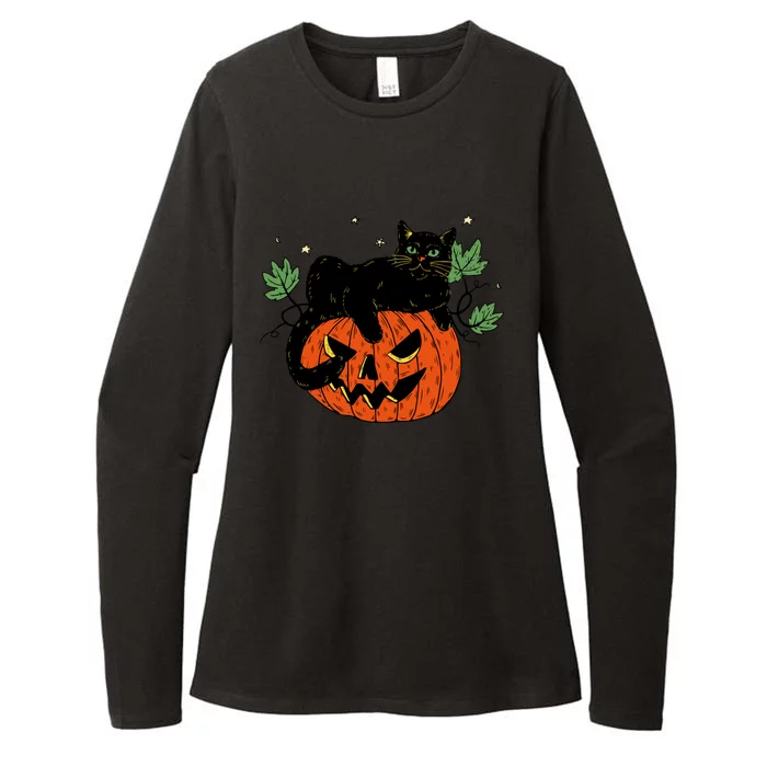 Vintage Halloween Retro Pumpkin Jack O Lantern And Black Cat Cool Gift Womens CVC Long Sleeve Shirt