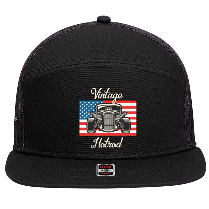 Vintage Hot Rod American Flag Antique Classic Car Lover Men 7 Panel Mesh Trucker Snapback Hat