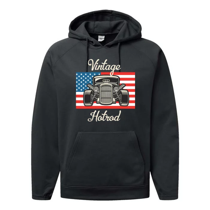 Vintage Hot Rod American Flag Antique Classic Car Lover Men Performance Fleece Hoodie