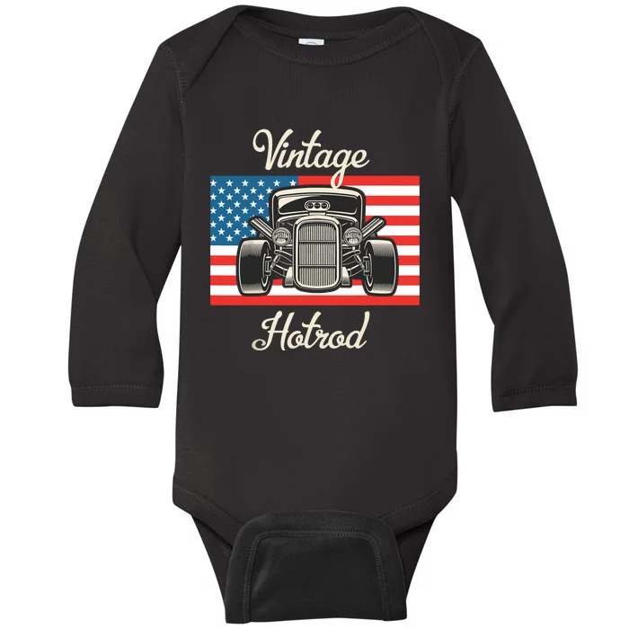 Vintage Hot Rod American Flag Antique Classic Car Lover Men Baby Long Sleeve Bodysuit