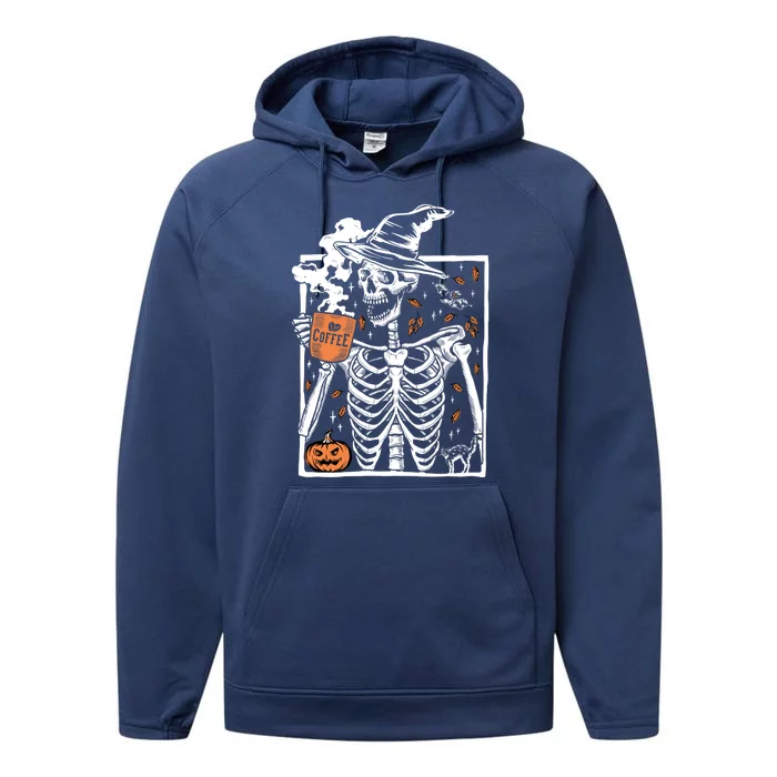 Vintage Halloween Skeleton Ing Coffee Smiling Skull Cool Gift Performance Fleece Hoodie