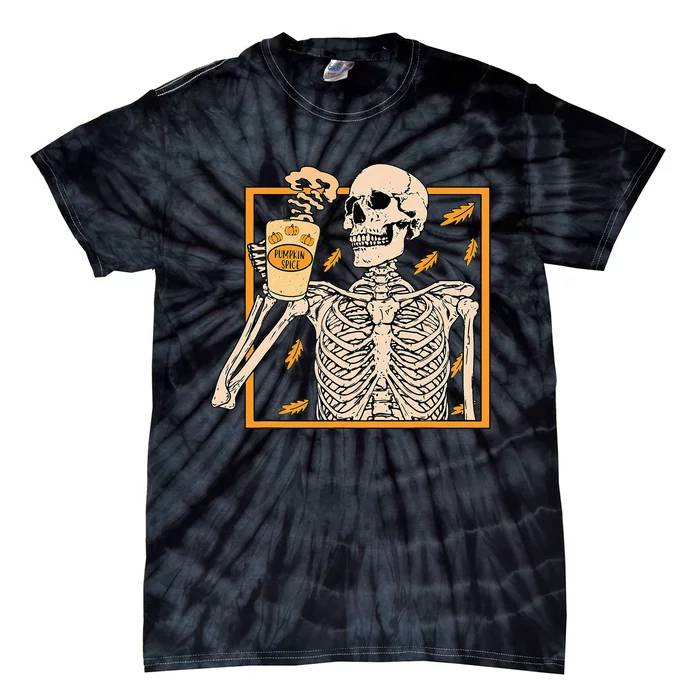 Vintage Halloween Skeleton Pumpkin Spice Latte Syrup Creamer Tie-Dye T-Shirt