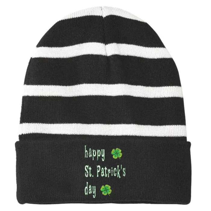 Vintage Happy St. Patrick's Day March 17th Saint Paddy Print Striped Beanie with Solid Band