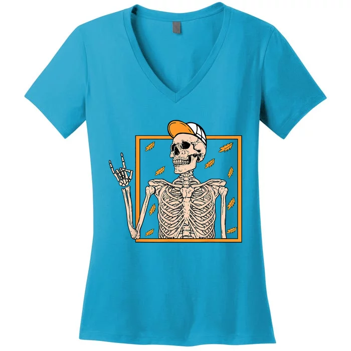 Vintage Halloween Skeleton Rock On Hand Skeleton Women's V-Neck T-Shirt