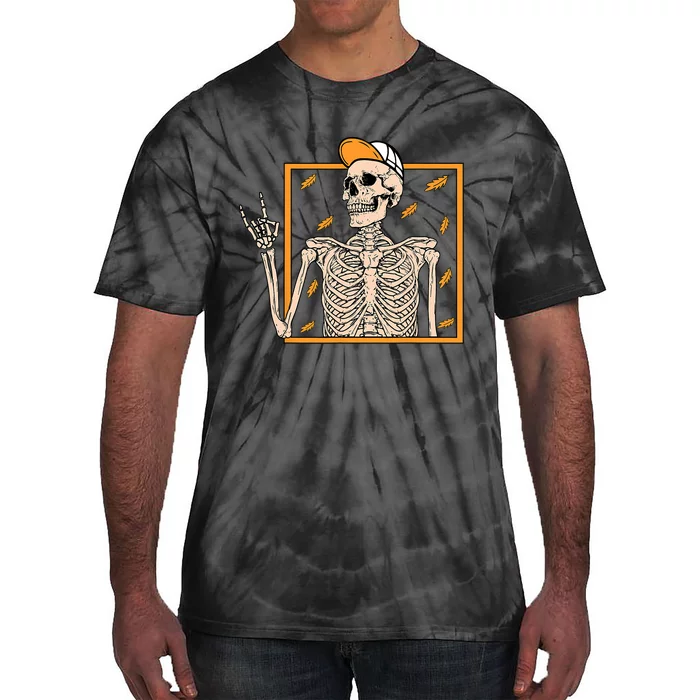 Vintage Halloween Skeleton Rock On Hand Skeleton Men Tie-Dye T-Shirt