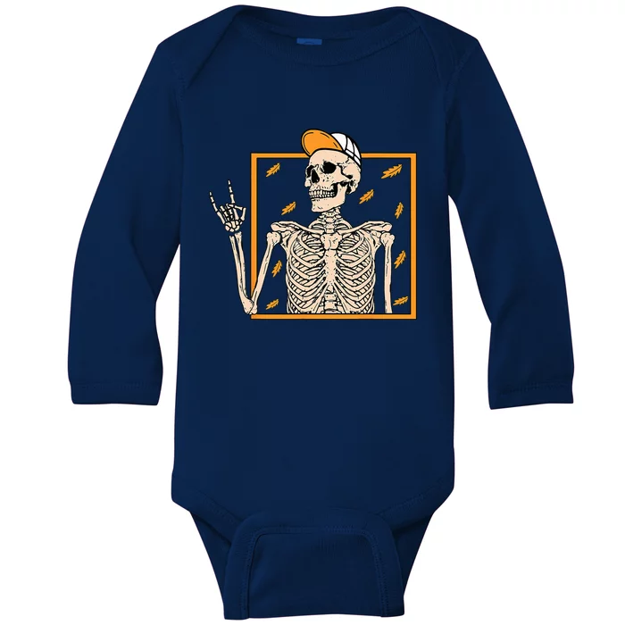 Vintage Halloween Skeleton Rock On Hand Skeleton Baby Long Sleeve Bodysuit