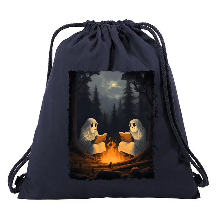 Vintage Halloween Spooky Ghost Reading Book Camping Gothic Cute Gift Drawstring Bag