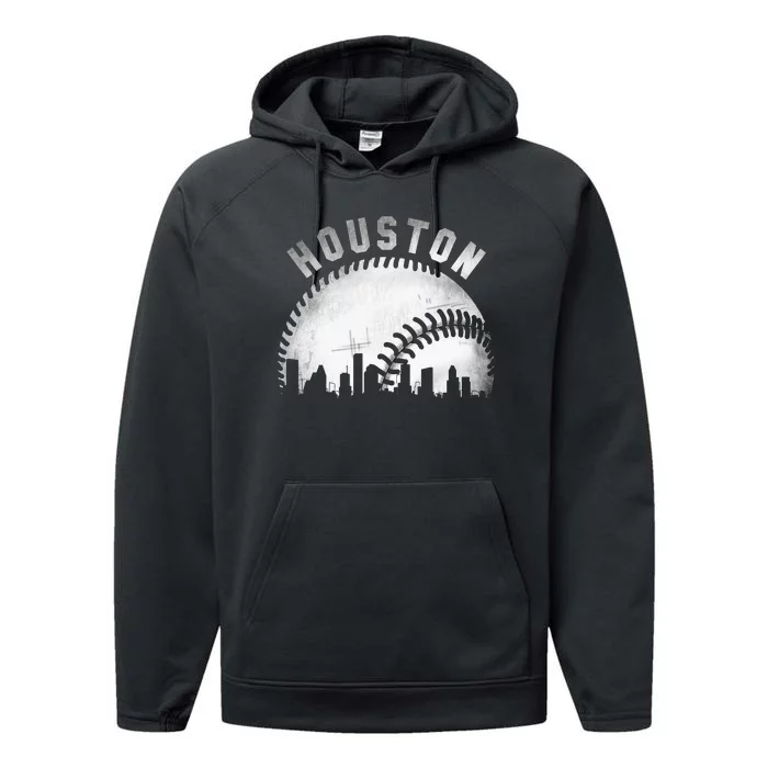 Vintage Houston Skyline City Baseball Performance Fleece Hoodie