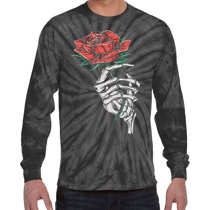 Vintage Halloween Skeleton Hand With A Rose Flower Tie-Dye Long Sleeve Shirt