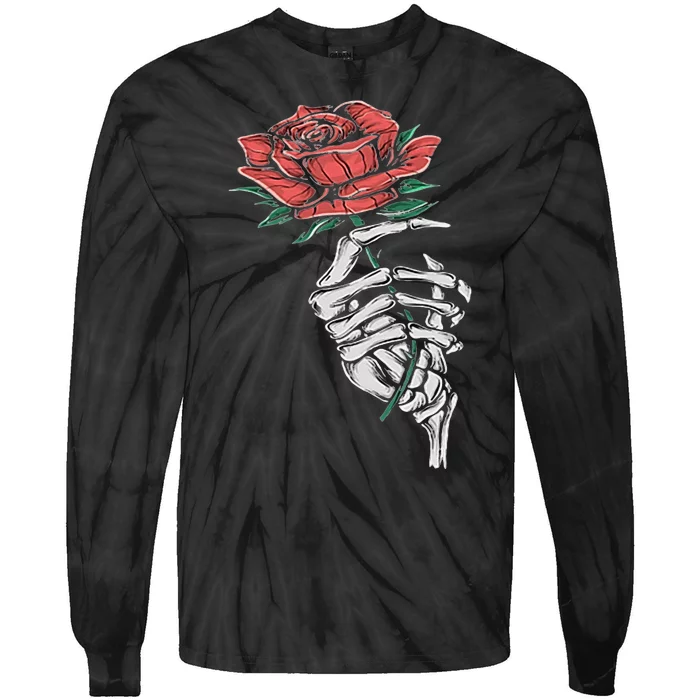 Vintage Halloween Skeleton Hand With A Rose Flower Tie-Dye Long Sleeve Shirt