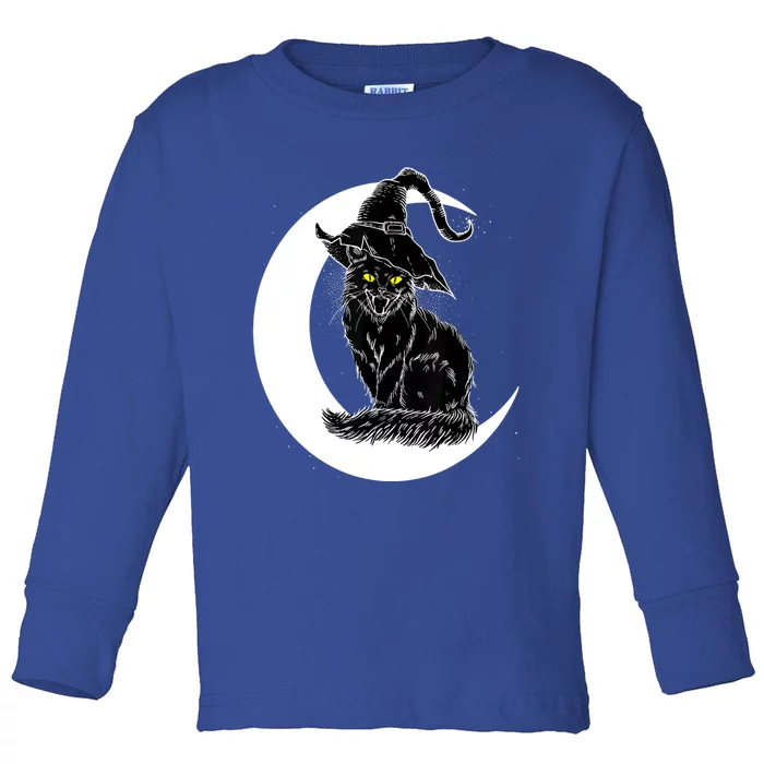 Vintage Halloween Scary Black Cat Witch Hat Moon Witchy Gift Toddler Long Sleeve Shirt